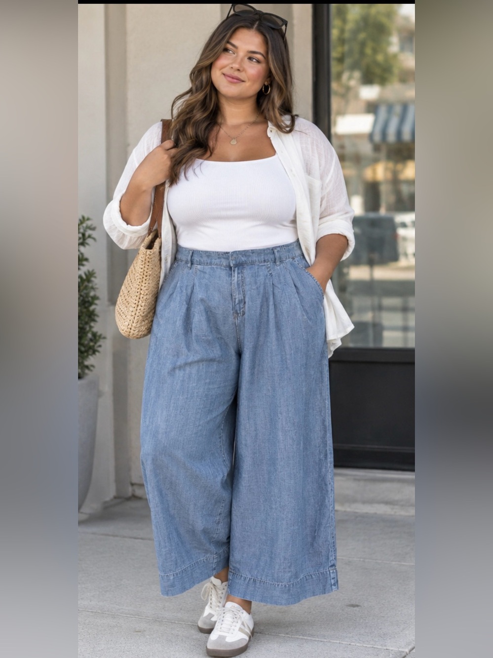 Lane Bryant Blue Chambray Wide Leg Pants Womens 20 Relaxed Pleated Trousers Zip